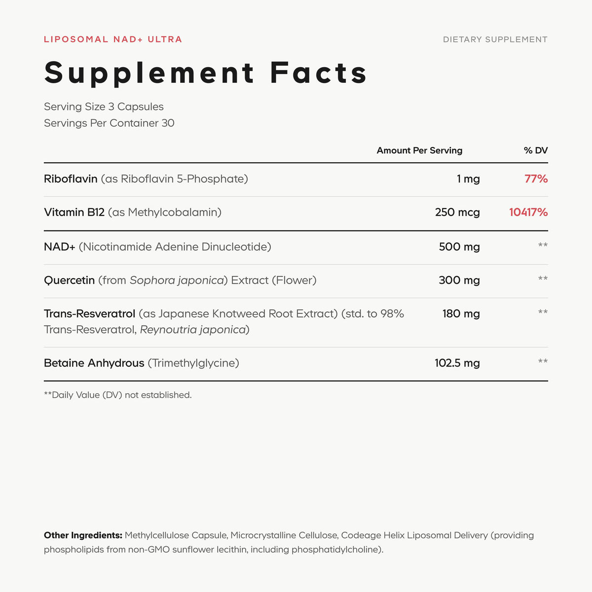 Liposomal NAD Ultra Supplement Facts