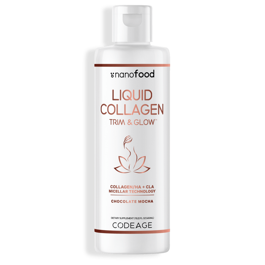 Nanofood Liposomal Liquid Collagen Trim & Glow, Conjugated Linoleic Acid CLA + Hyaluronic Acid, Tri Collagen™ , Whey Protein Liquid Supplement Chocolate Flavor
