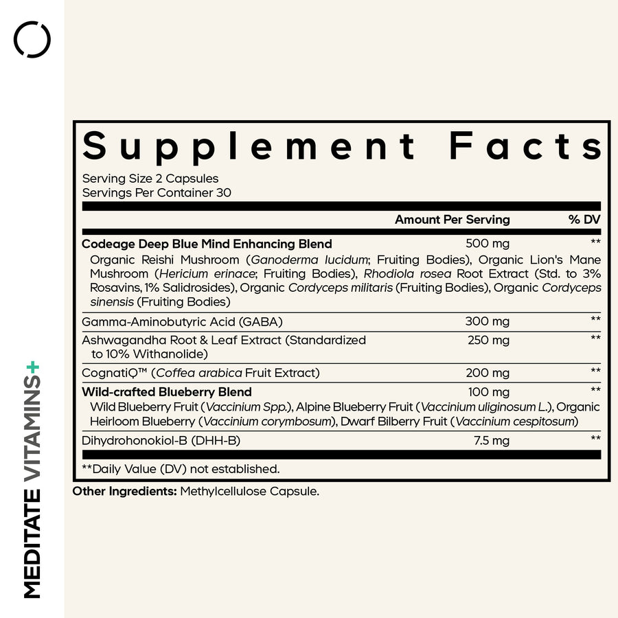 Codeage Meditate Vitamins Stress Anxiety CognatiQ Gaba DHH-B Ashwagandha Mushrooms Supplement Facts