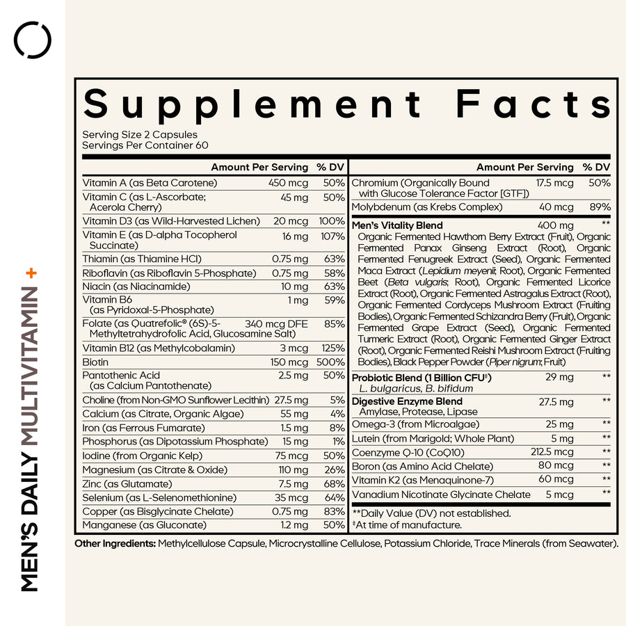 Supplement facts label for Codeage men's daily multivitamin on a white background