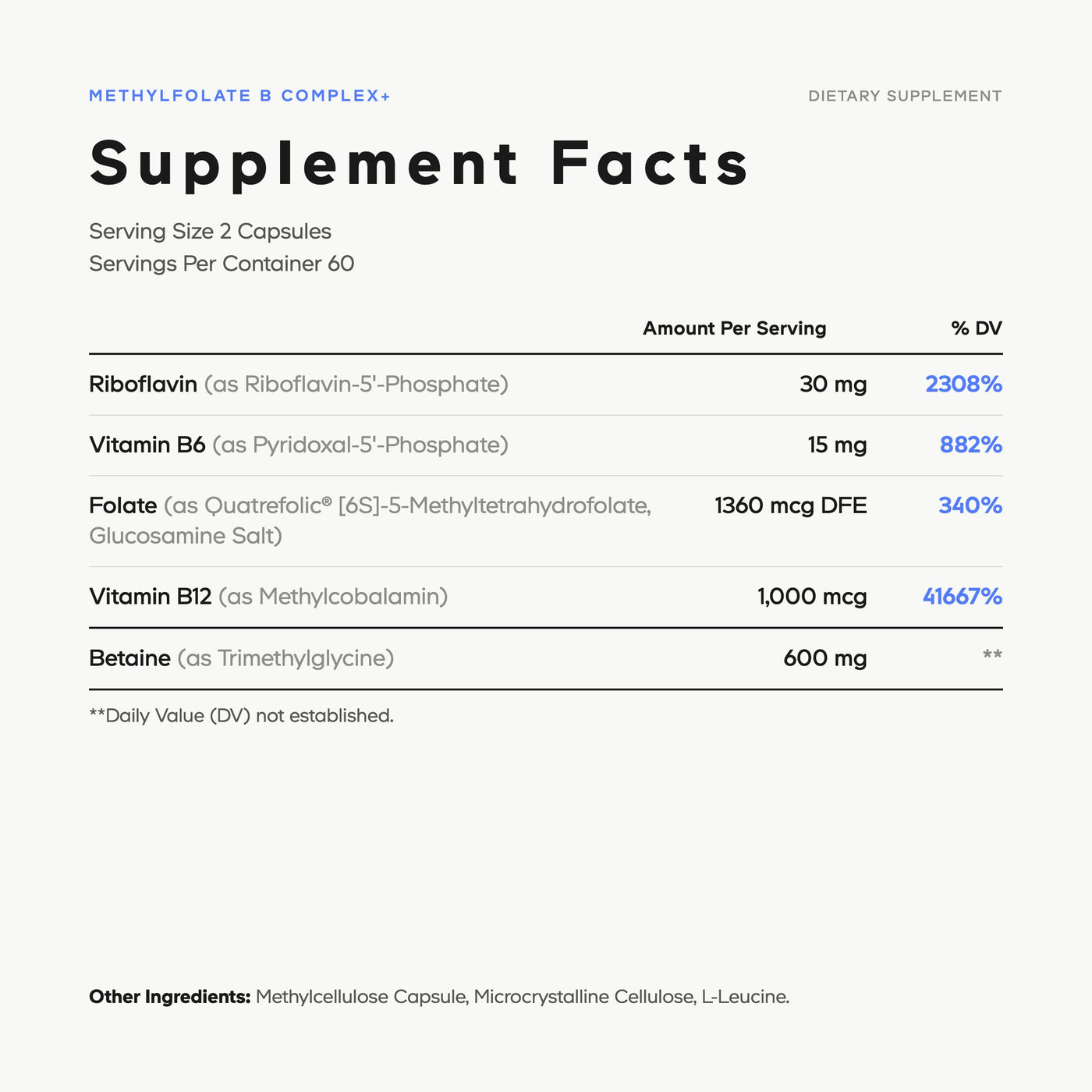 Codeage Methylfolate B Complex+ vitamin folate riboflavin vitamin B6 Vitamin B12, betaine 5-mthf supplement facts