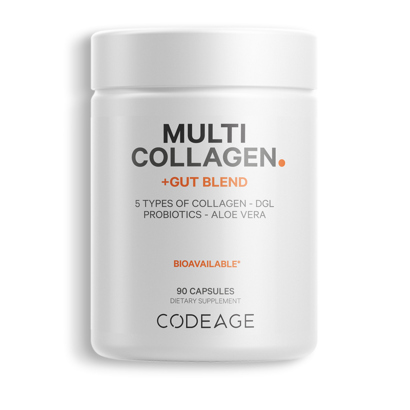 Codeage Hydrolyzed Multi Collagen + Gut Blend Digestive Aid Supplement in Capsules, Collagen Peptides Type I, II, III, V & X with Probiotic Blend and Licorice, Marshmallow, Slippery Elm for Gut Health & Digestion Support