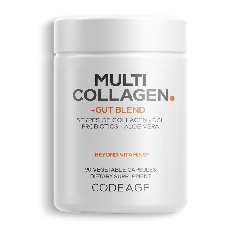 Codeage Hydrolyzed Multi Collagen + Gut Blend Digestive Aid Supplement in Capsules, Collagen Peptides Type I, II, III, V & X with Probiotic Blend and Licorice, Marshmallow, Slippery Elm for Gut Health & Digestion Support