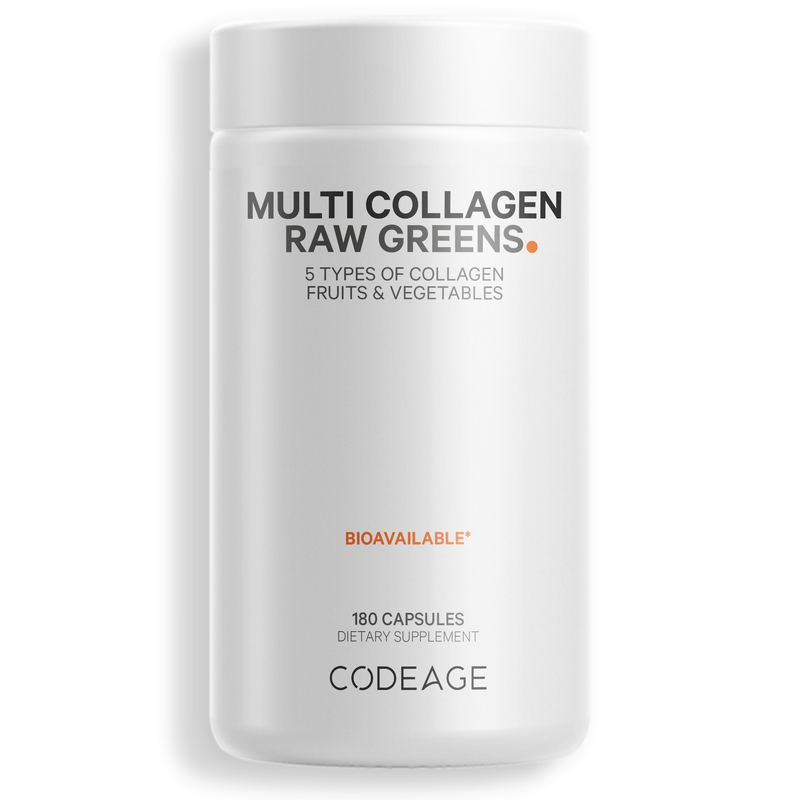 Codeage Multi Collagen Raw Greens Supplement, Hydrolyzed Collagen Peptides 5 Types Capsules with Fruits & Vegetables Blend, Non-GMO
