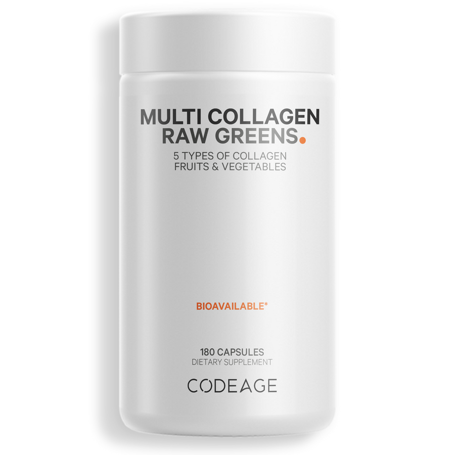 Codeage Multi Collagen Raw Greens Supplement, Hydrolyzed Collagen Peptides 5 Types Capsules with Fruits & Vegetables Blend, Non-GMO