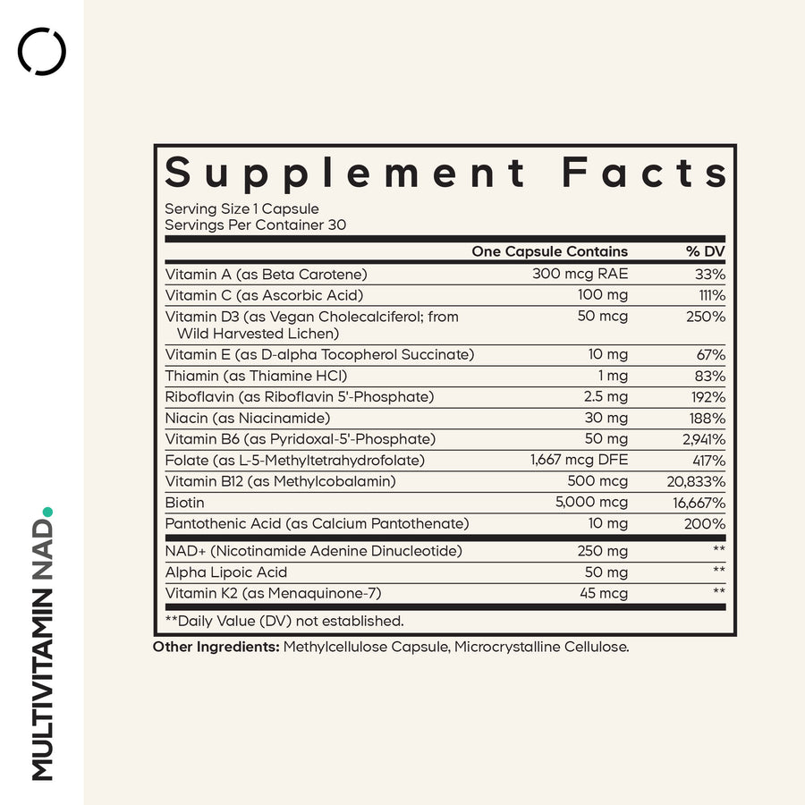 Supplement facts label for Codeage multivitamin NAD supplement on a white background.