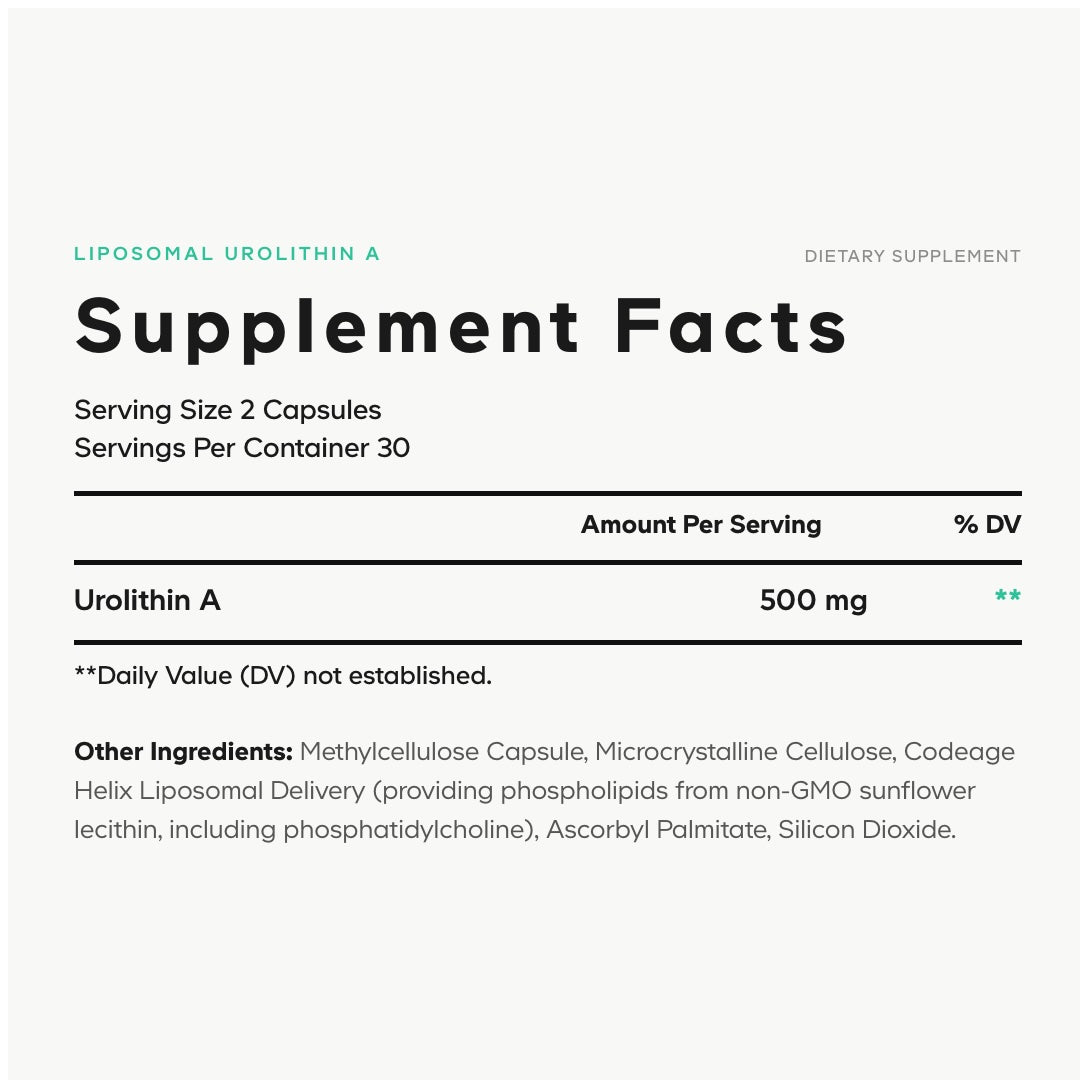 Codeage Liposomal Urolithin A 500 mg Per Serving Supplement Facts