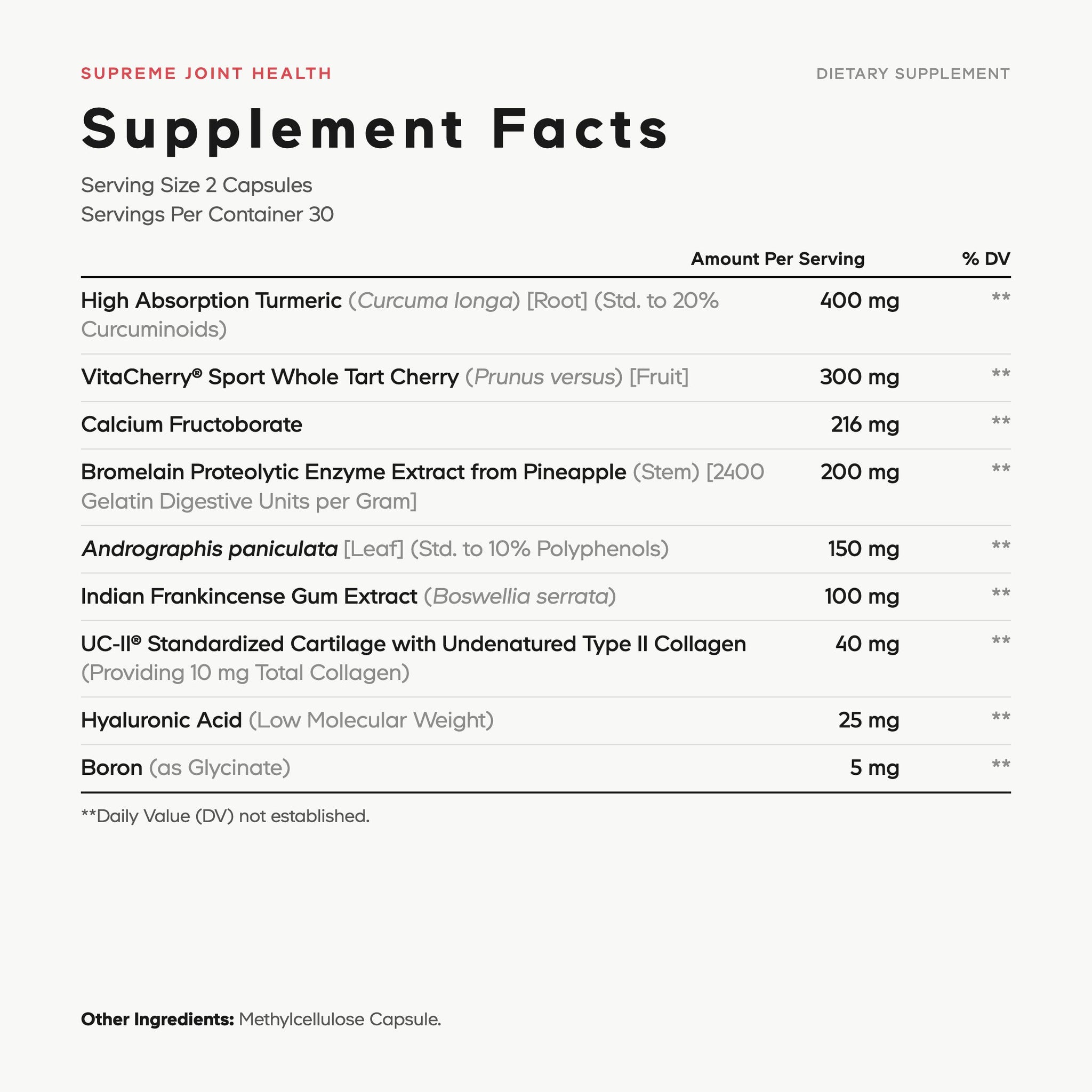 Codeage Supreme Joint Health with Bromelain, Boswellia Serrata & Curcuma Longa, Turmeric, UC-II® Standardized Cartilage with Undenatured Type II Collagen & Vitacherry® Sport Whole Tart Cherry, Hyaluronic Acid & Boron Pills Supplement Facts