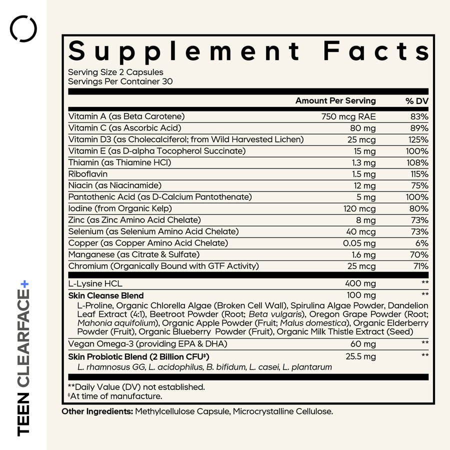 Codeage Teen Clearface Supplement for Teenagers age 12-18 - Supplement Facts