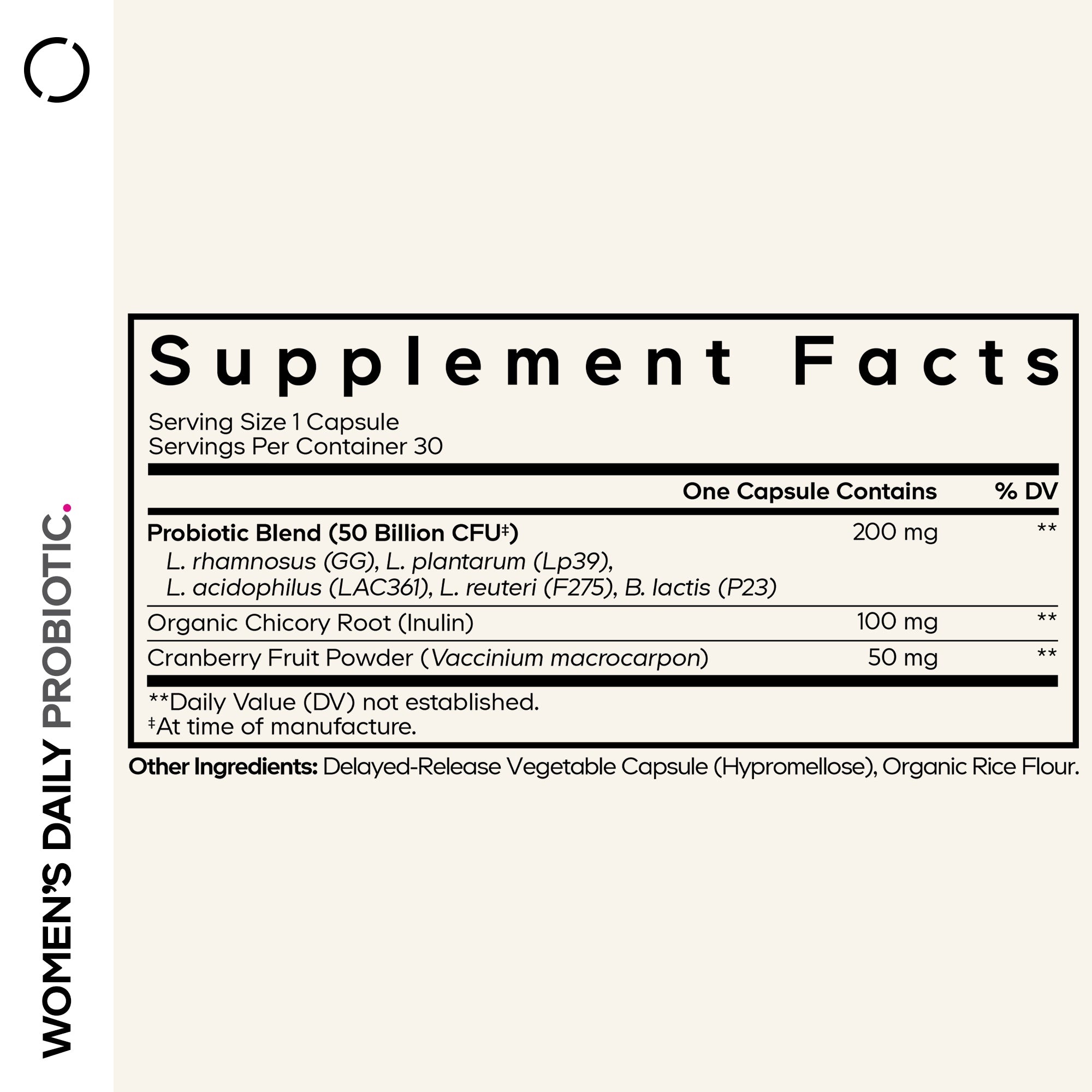 Nutrition facts for Women's Daily Probiotic