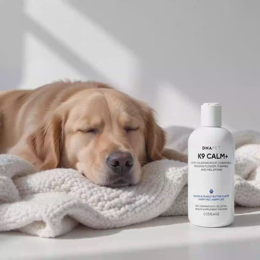 DNA PET K9 Calm+ liquid calming supplement for dogs with valerian root, chamomile, passion flower and melatonin.