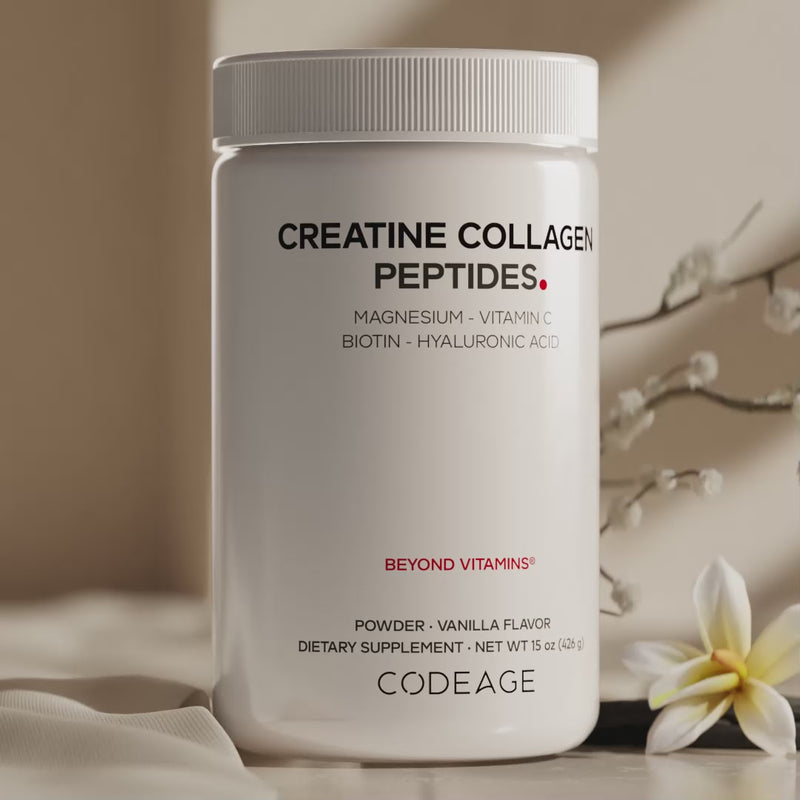 Codeage Creatine Collagen Peptides with Creatine Monohydrate Powder Supplement, Wild-Caught Marine Collagen, Biotin, Magnesium, Vitamin C, Hyaluronic Acid - Vanilla Flavored 