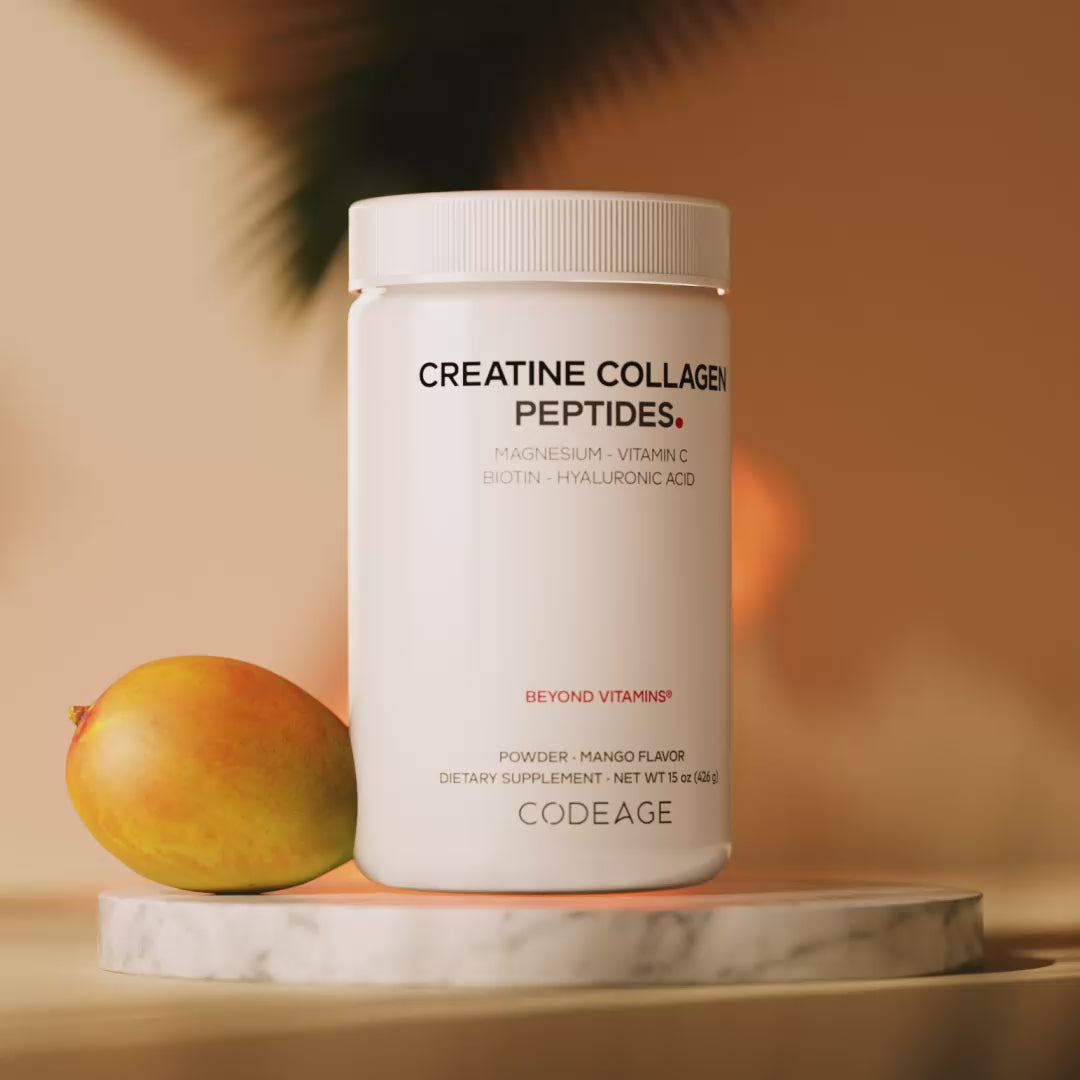 Codeage Creatine Collagen Peptides with Creatine Monohydrate Powder Supplement, Wild-Caught Marine Collagen, Biotin, Magnesium, Vitamin C, Hyaluronic Acid - Mango Flavored 