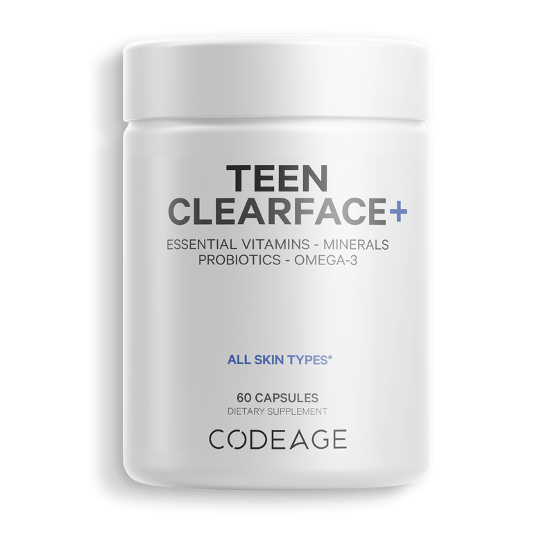 Teen Clearface Oral Supplement for Teenagers 12-18 Aged to Improve Acne Vitamin A, B, C, D3, E, Skin Dermatology Codeage Front