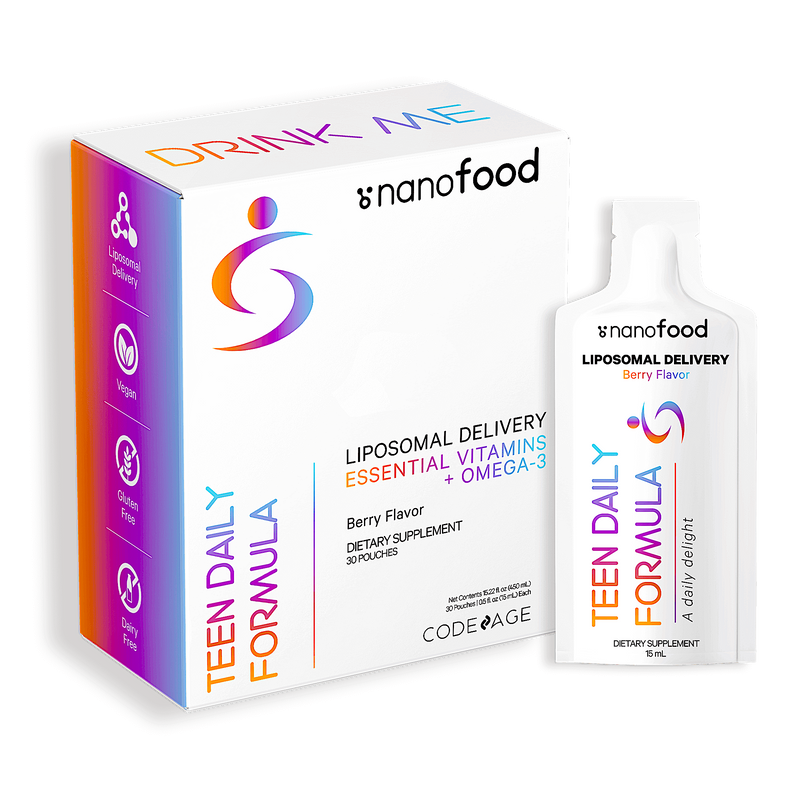 Codeage Nanofood Liposomal Teen Daily Vitamins Liquid Sachet, Essential Minerals & Multivitamin Liquid Supplement for Teenagers Ages 12 and up